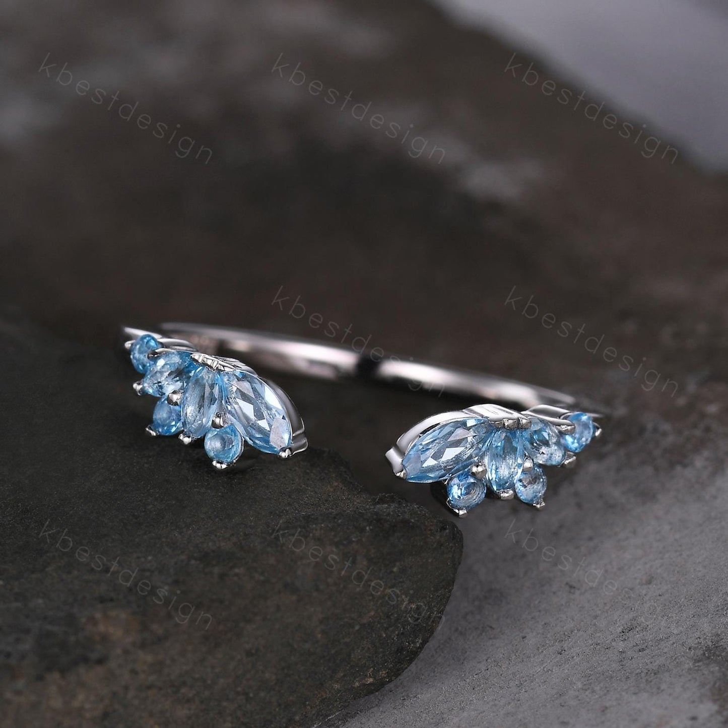 Delicate Blue Topaz Wedding Band Rose Gold Open gap ring vintage petal wedding ring Dainty Stacking matching curved wedding band bridal ring