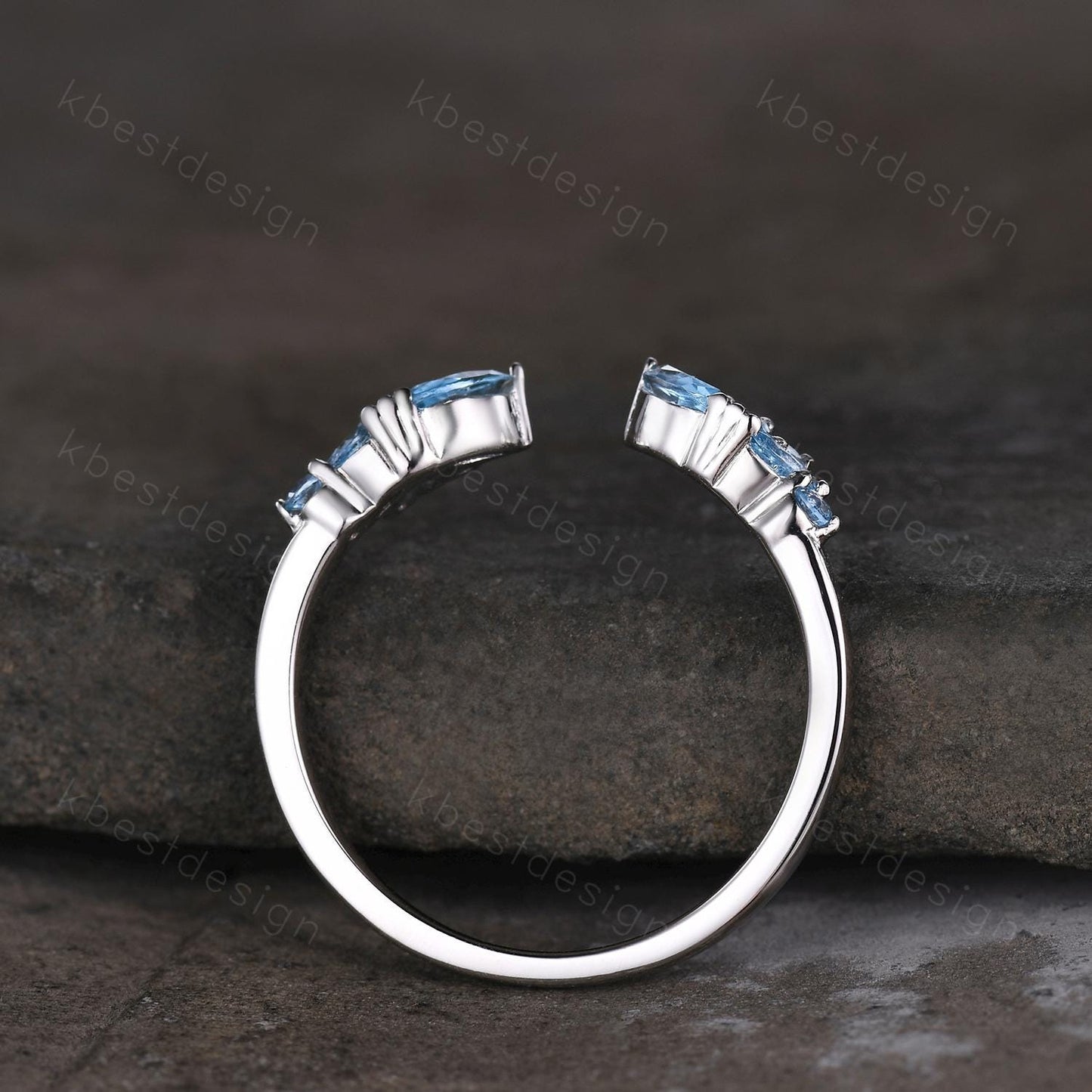 Delicate Blue Topaz Wedding Band Rose Gold Open gap ring vintage petal wedding ring Dainty Stacking matching curved wedding band bridal ring