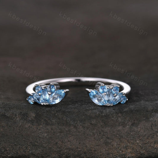 Delicate Blue Topaz Wedding Band Rose Gold Open gap ring vintage petal wedding ring Dainty Stacking matching curved wedding band bridal ring