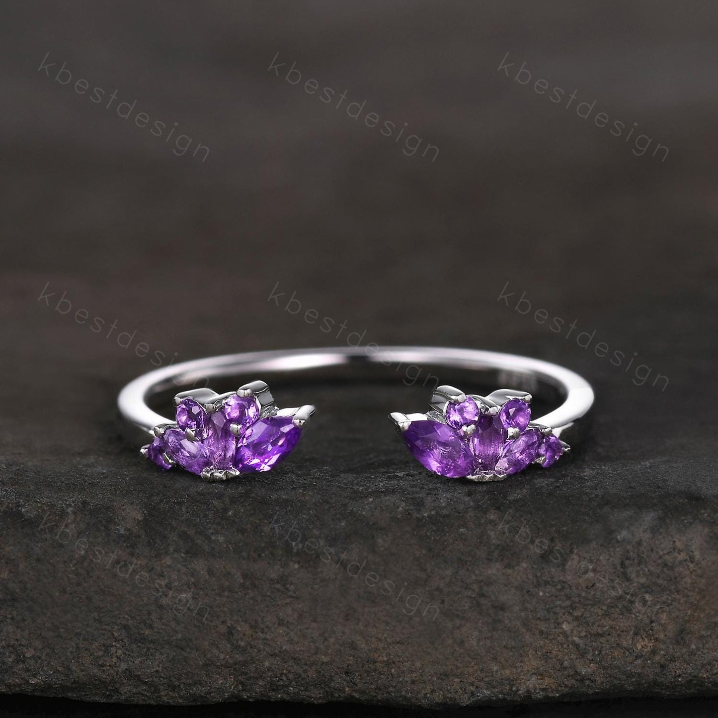 Open gap Amethyst Wedding Band sterling silver vintage petal wedding ring Delicate Stacking matching curved wedding band bridal ring gift