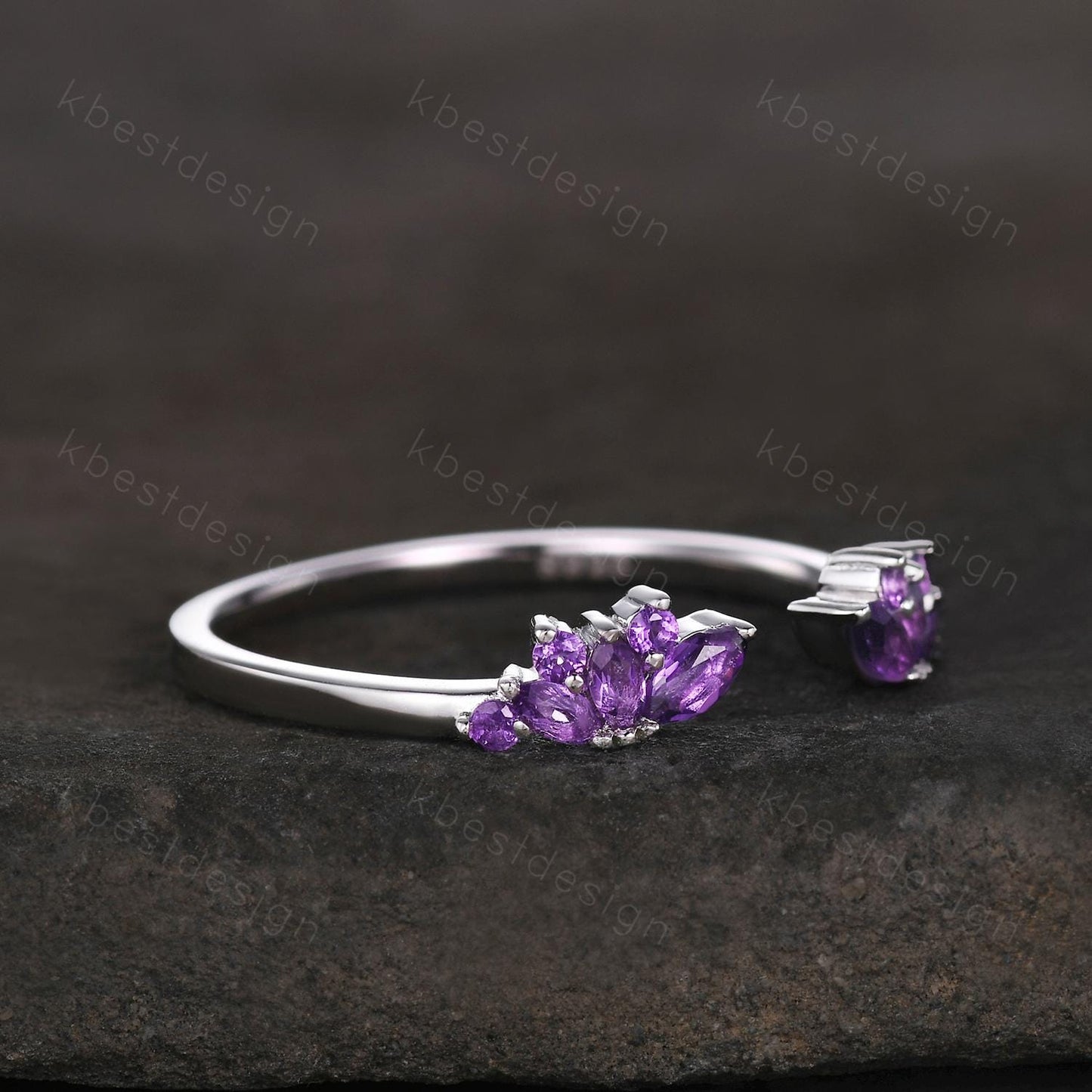 Open gap Amethyst Wedding Band sterling silver vintage petal wedding ring Delicate Stacking matching curved wedding band bridal ring gift