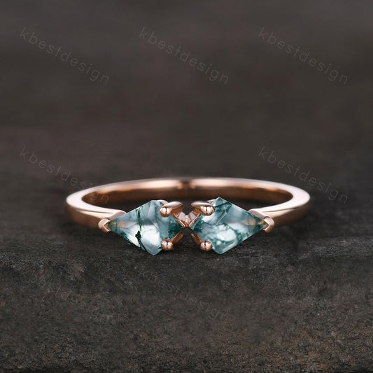 Kite cut green moss agate wedding ring unique rose gold moss agate ring two stones stacking band bridal wedding ring Anniversary gift