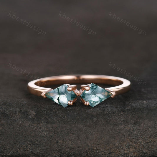 Kite cut green moss agate wedding ring unique rose gold moss agate ring two stones stacking band bridal wedding ring Anniversary gift