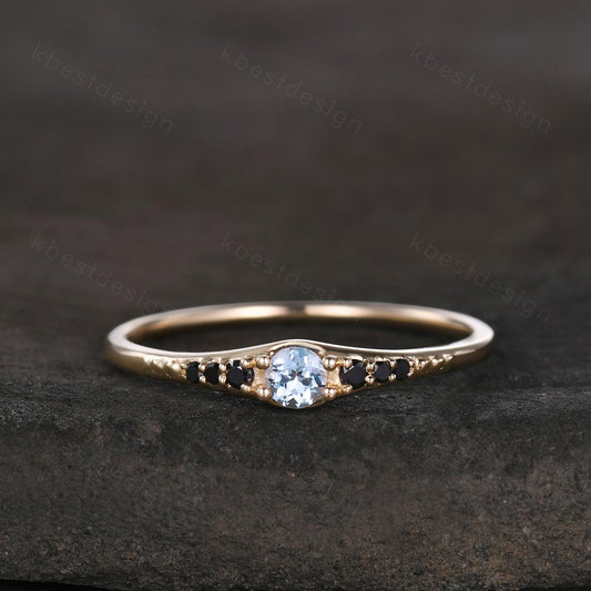 Natural aquamarine wedding ring 14k gold aquamarine and black spinel stacking band dainty gemstone matching band anniversary gift for her