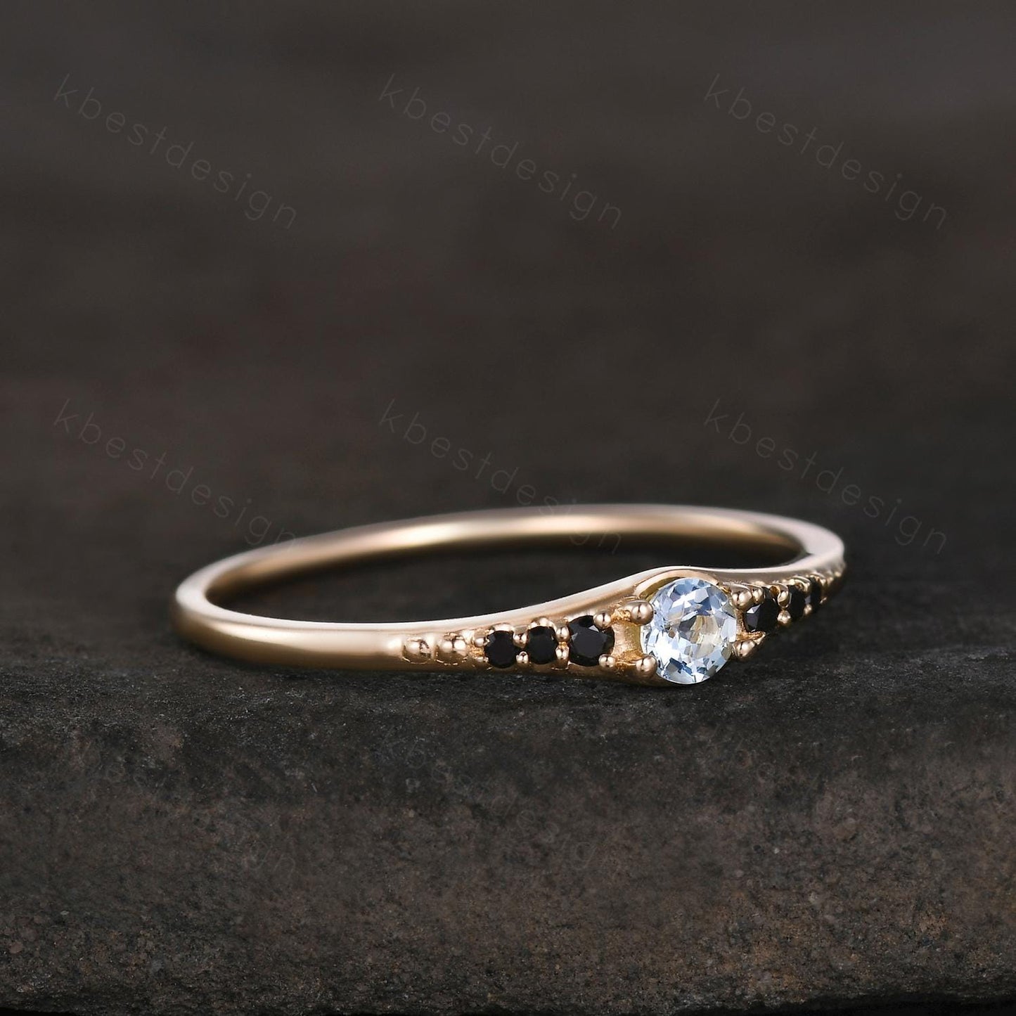 Natural aquamarine wedding ring 14k gold aquamarine and black spinel stacking band dainty gemstone matching band anniversary gift for her