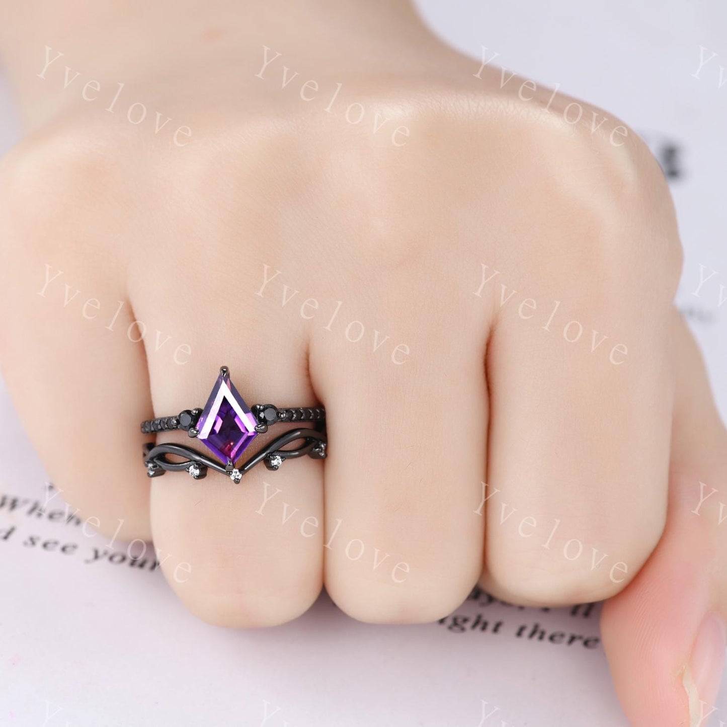 Retro Kite Amethyst Engagement Ring,Vintage Nature Inspired Black Silver Ring,Unique Black Spinel Diamond Promise Ring Anniversary Gift