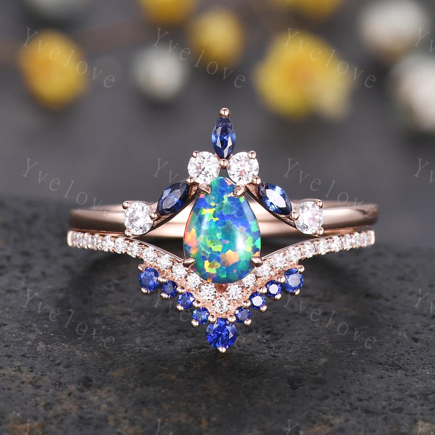 Vintage Black Opal Engagement Ring,Opal Sapphire Bridal Ring Set,Pear Opal Ring,Curve Blue Sapphire Diamond Stacking Band,14k Rose Gold Ring