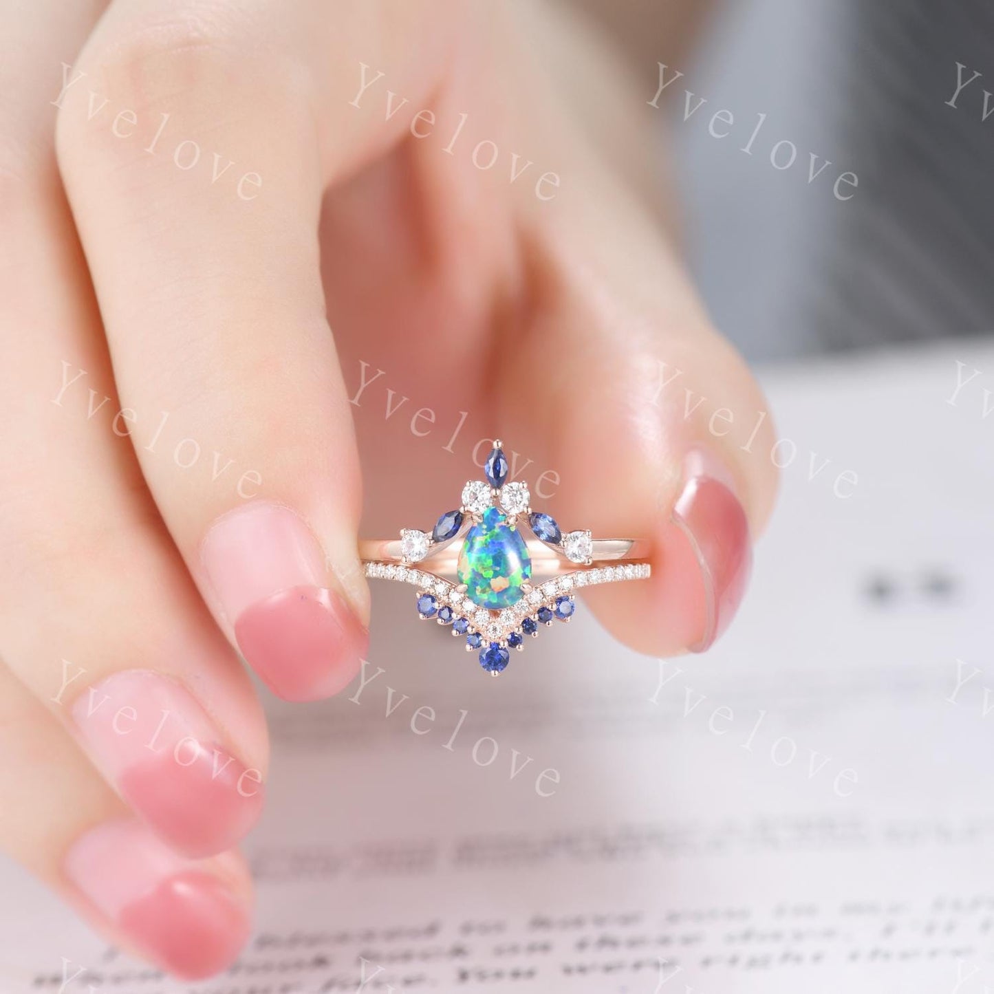 Vintage Black Opal Engagement Ring,Opal Sapphire Bridal Ring Set,Pear Opal Ring,Curve Blue Sapphire Diamond Stacking Band,14k Rose Gold Ring