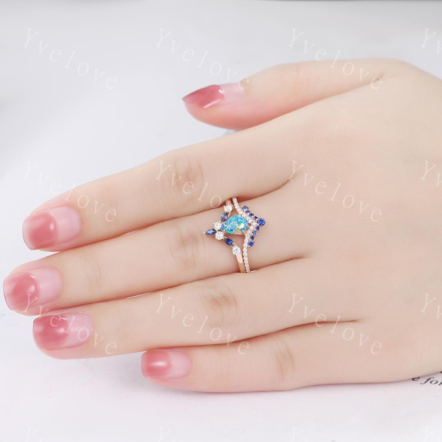 Vintage Black Opal Engagement Ring,Opal Sapphire Bridal Ring Set,Pear Opal Ring,Curve Blue Sapphire Diamond Stacking Band,14k Rose Gold Ring