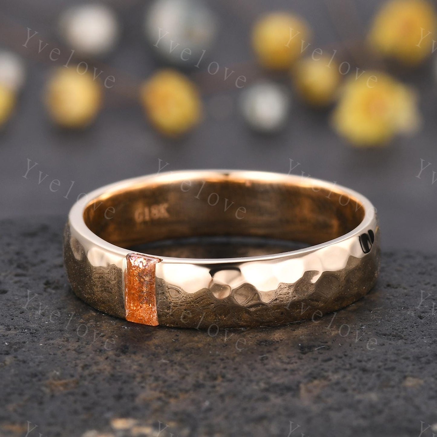 Mens Sunstone Wedding Band Baguette Cut Sunstone Band 5mm Solid Rose Gold Ring Mens Hammered Stacking Matching Band Retro Vintage Ring Gift