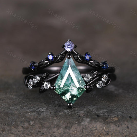 Vintage kite moss agate engagement ring set black gold twig leaf stacking ring nature branch ring unique art deco bridal wedding ring set