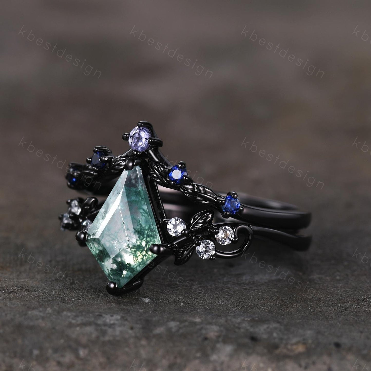 Vintage kite moss agate engagement ring set black gold twig leaf stacking ring nature branch ring unique art deco bridal wedding ring set