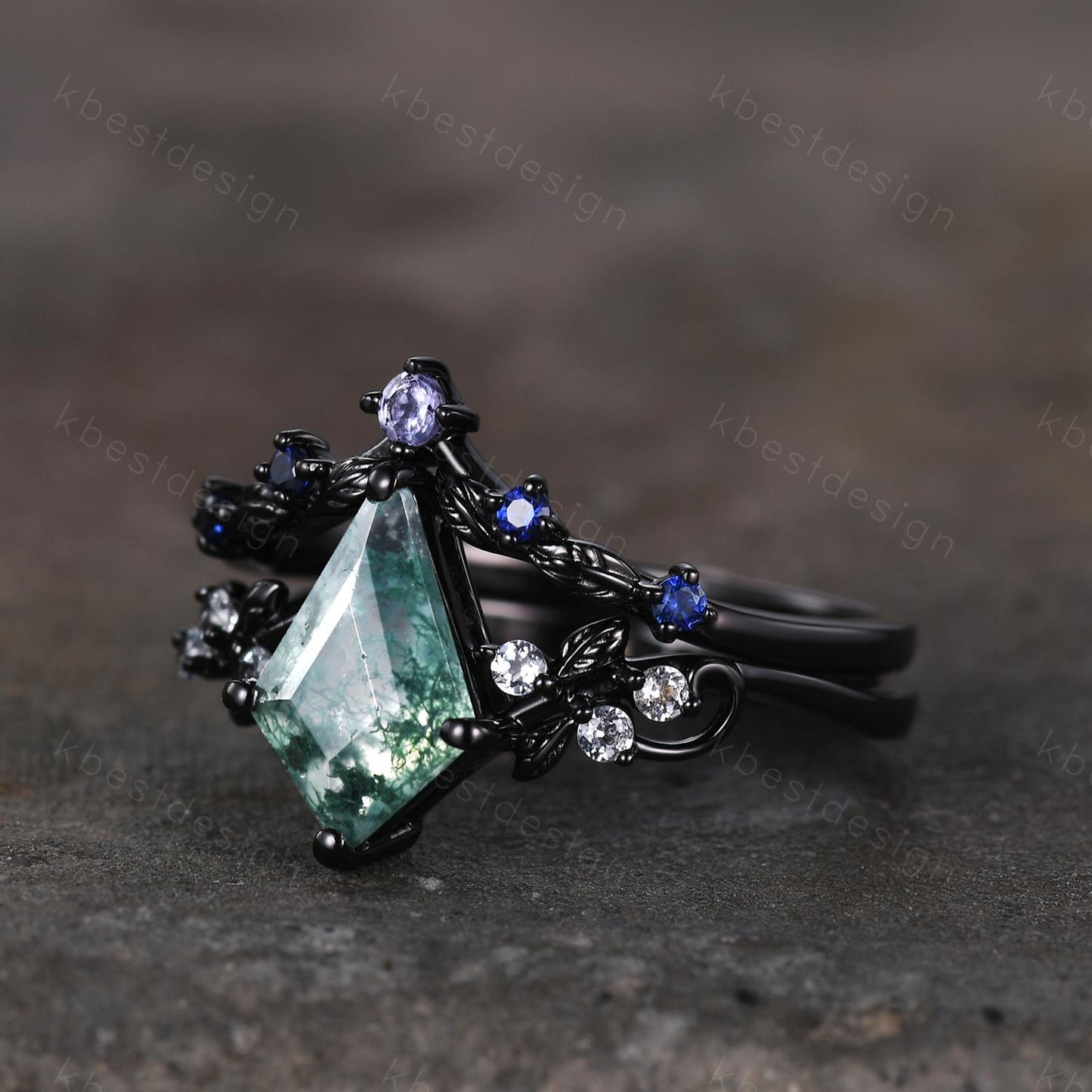 Vintage kite moss agate engagement ring set black gold twig leaf stacking ring nature branch ring unique art deco bridal wedding ring set