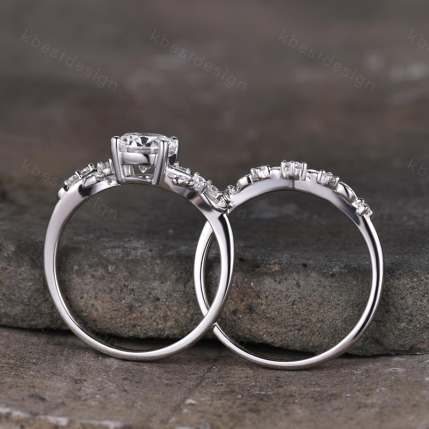 Round cut moissanite engagement ring 14K White gold ring Art deco leaf design wedding ring nature inspired ring bridal promise ring set