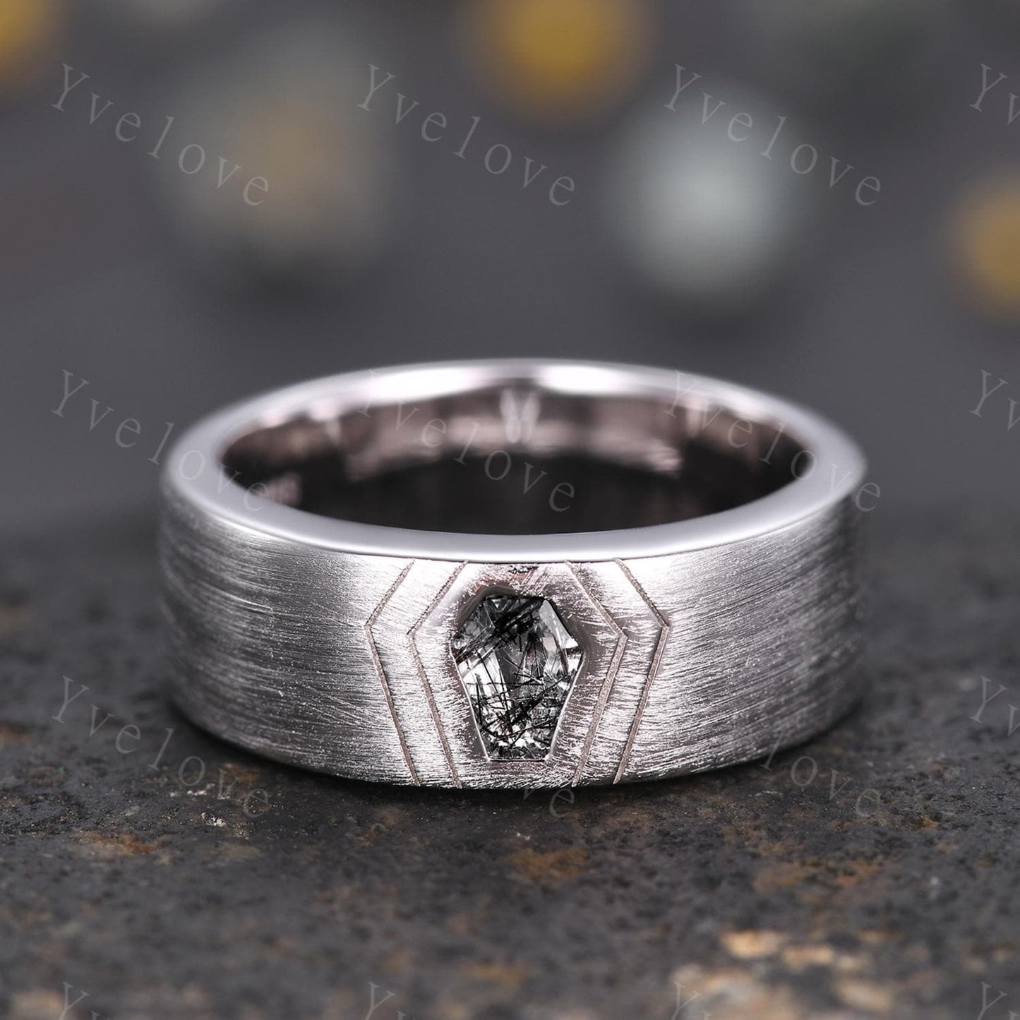 7mm Mens Coffin Cut Black Rutilate Quartz Wedding Band Black Quartz Engagement Ring Brushed Finish Band Mens Stacking Band His Wedding band