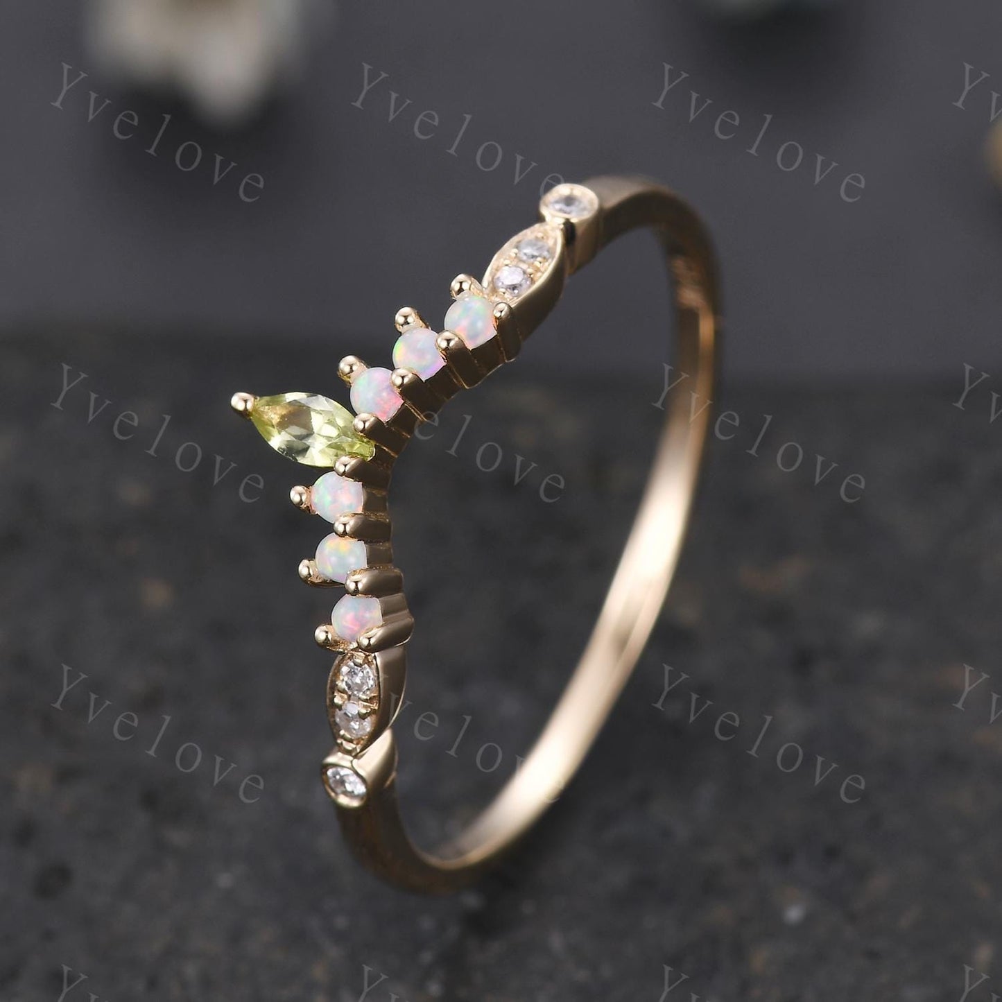 V Curved Wedding Band Vintage Gold Women Marquise Cut Peridot Opal Ring Unique Diamond Jewelry Stacking Matching Anniversary Gifts For Her