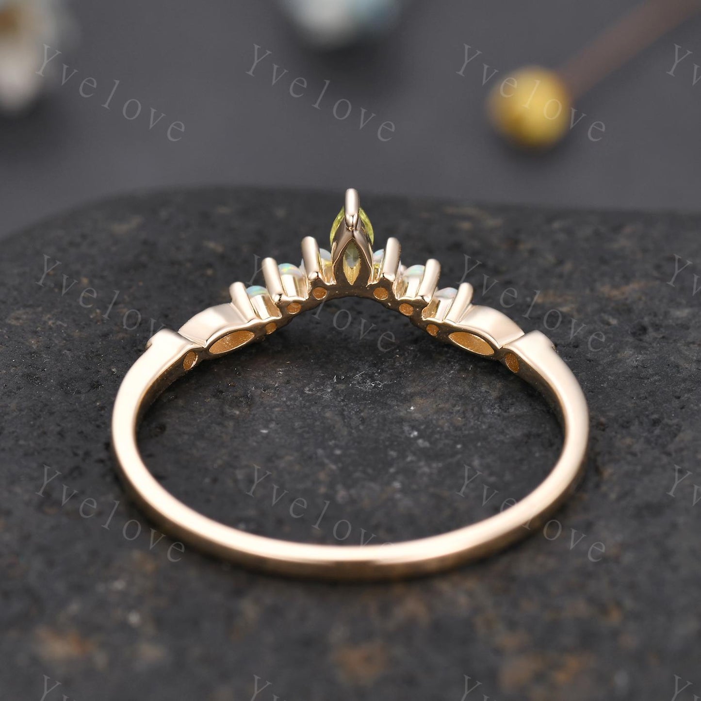 V Curved Wedding Band Vintage Gold Women Marquise Cut Peridot Opal Ring Unique Diamond Jewelry Stacking Matching Anniversary Gifts For Her