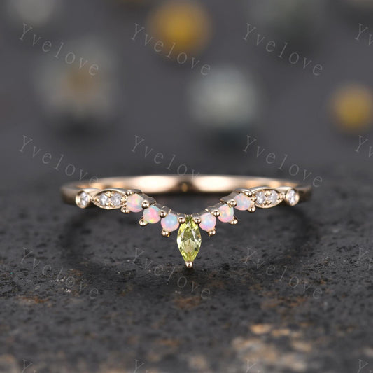 V Curved Wedding Band Vintage Gold Women Marquise Cut Peridot Opal Ring Unique Diamond Jewelry Stacking Matching Anniversary Gifts For Her