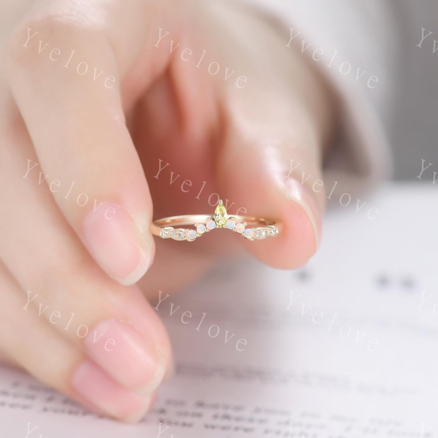 V Curved Wedding Band Vintage Gold Women Marquise Cut Peridot Opal Ring Unique Diamond Jewelry Stacking Matching Anniversary Gifts For Her