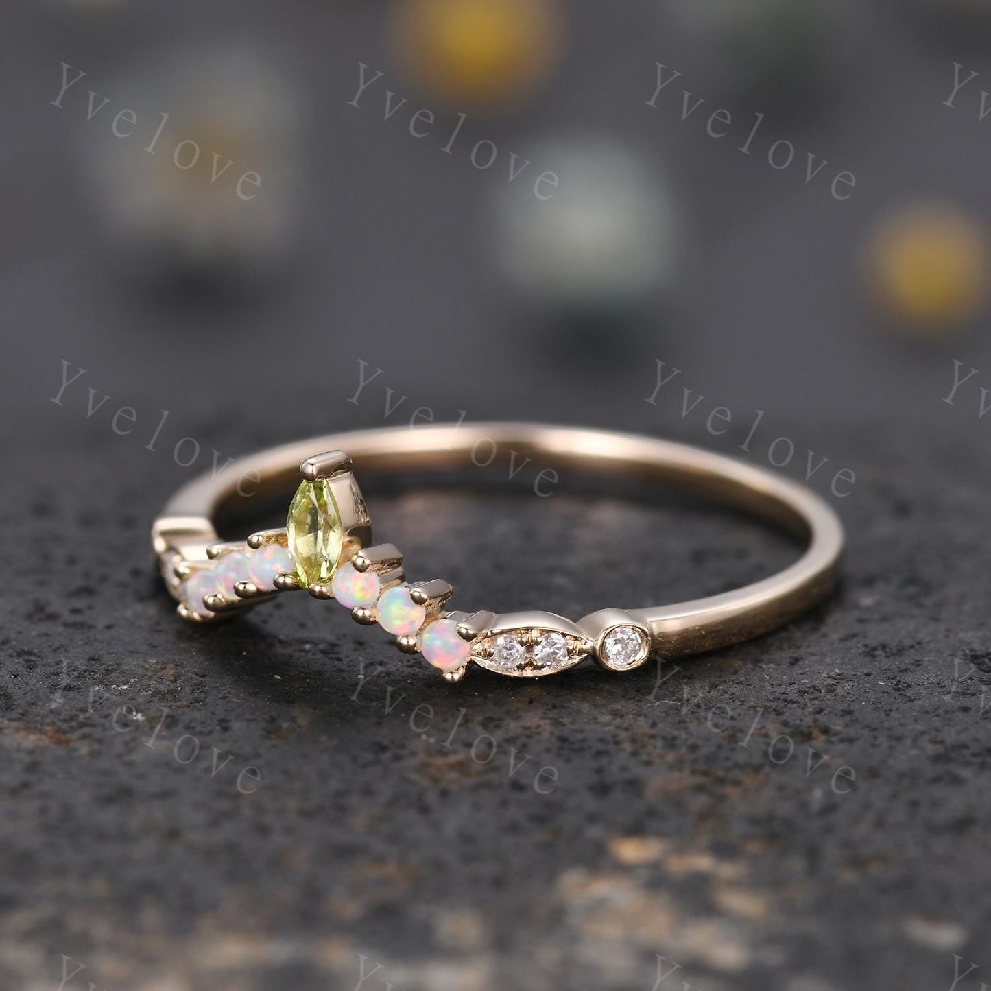 V Curved Wedding Band Vintage Gold Women Marquise Cut Peridot Opal Ring Unique Diamond Jewelry Stacking Matching Anniversary Gifts For Her