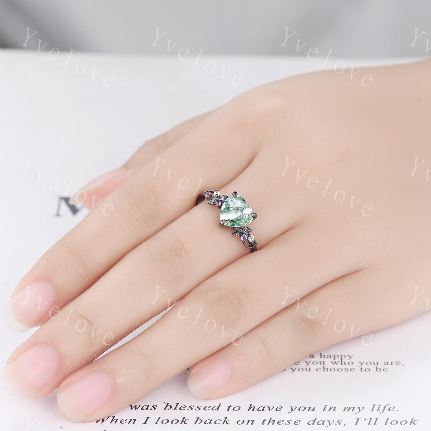 Heart Cut Moss Agate Ring,Gothic Twig Vine Leaf Branch Ring,Vintage Amethyst Moissanite Bridal Ring Anniversary Gift,Black Gold Wedding Band