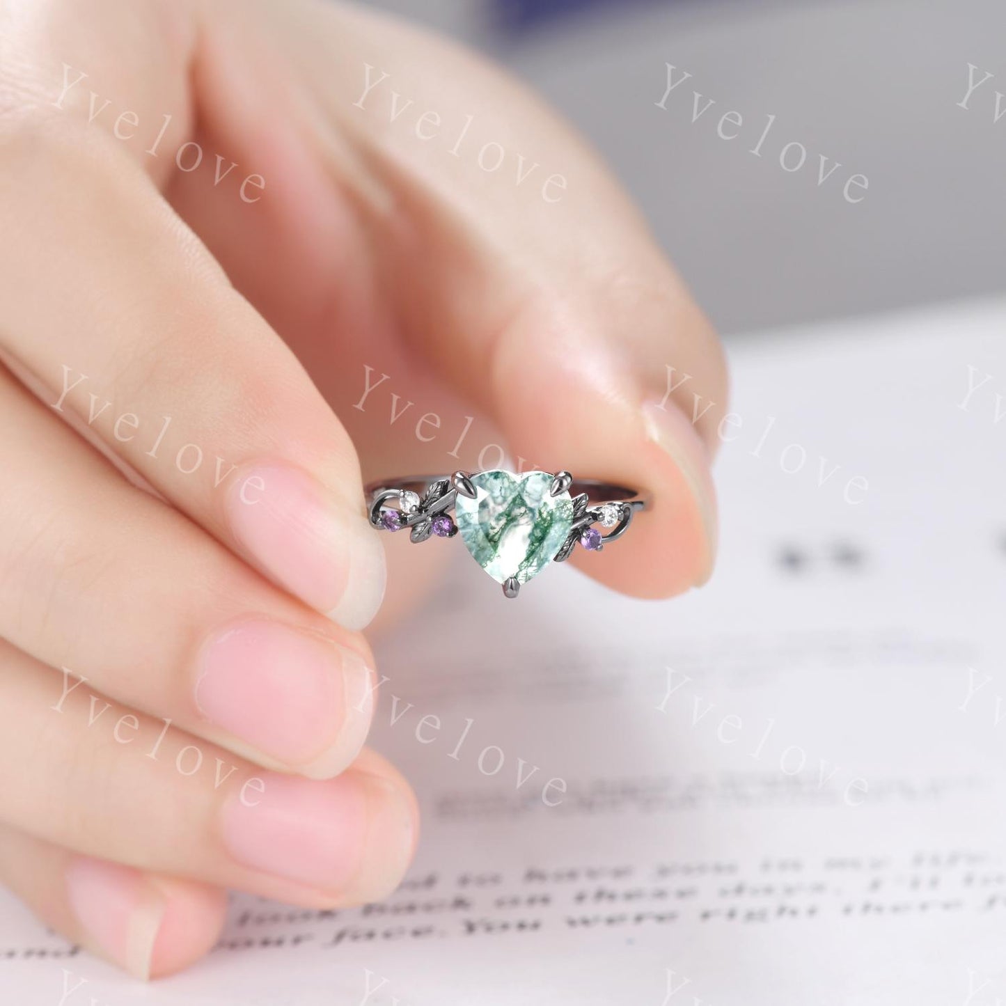 Heart Cut Moss Agate Ring,Gothic Twig Vine Leaf Branch Ring,Vintage Amethyst Moissanite Bridal Ring Anniversary Gift,Black Gold Wedding Band