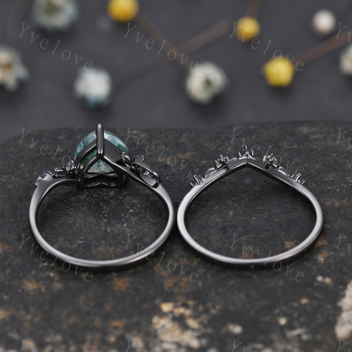 Heart Cut Moss Agate Ring,Gothic Twig Vine Leaf Branch Ring,Vintage Amethyst Moissanite Bridal Ring Anniversary Gift,Black Gold Wedding Band
