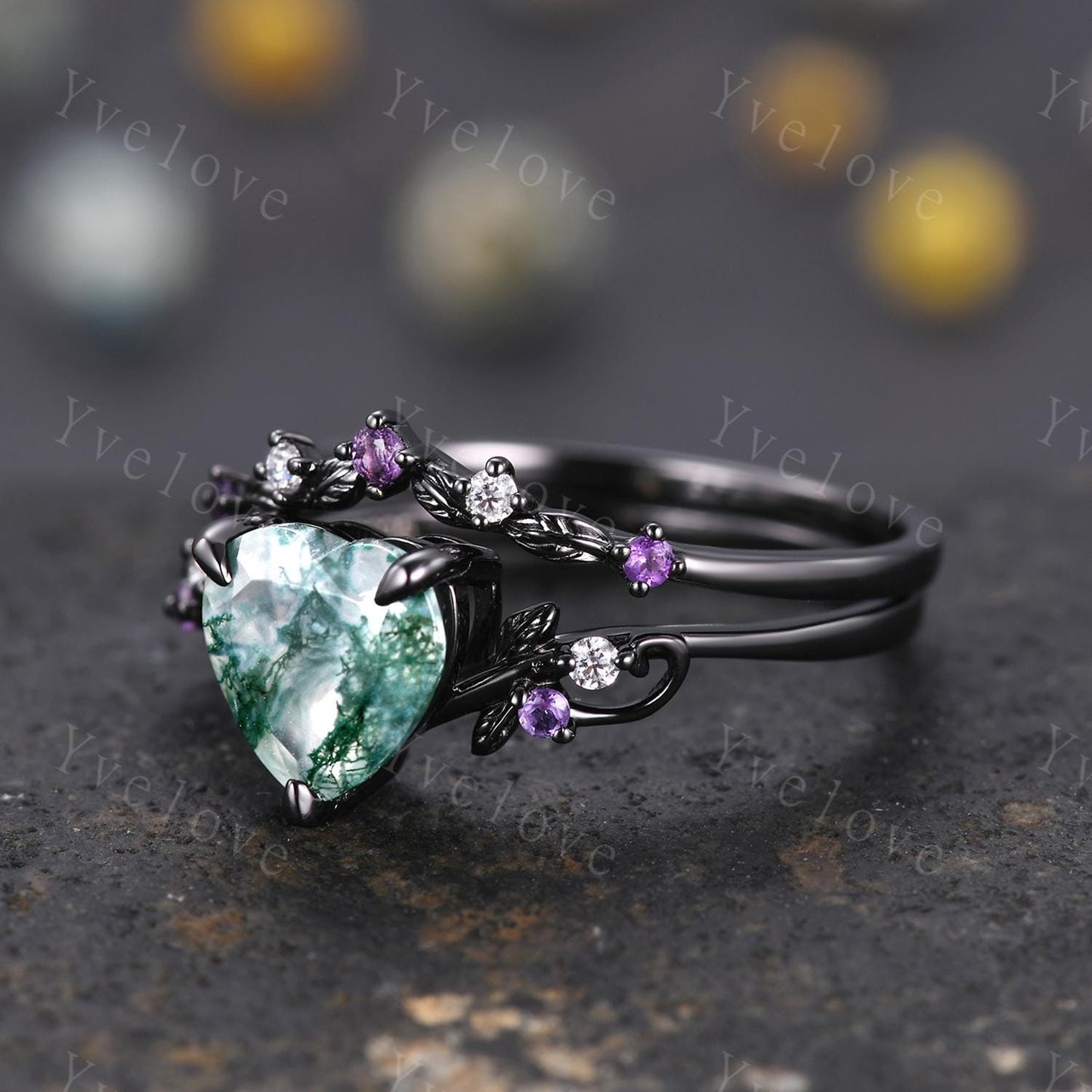 Heart Cut Moss Agate Ring,Gothic Twig Vine Leaf Branch Ring,Vintage Amethyst Moissanite Bridal Ring Anniversary Gift,Black Gold Wedding Band