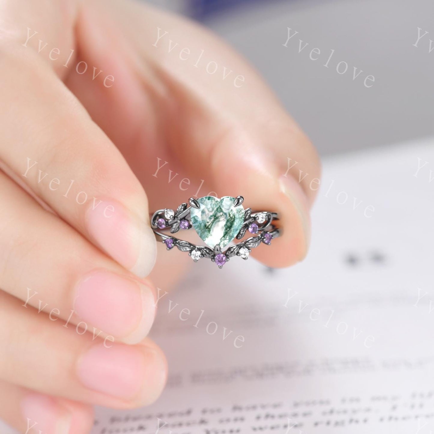 Heart Cut Moss Agate Ring,Gothic Twig Vine Leaf Branch Ring,Vintage Amethyst Moissanite Bridal Ring Anniversary Gift,Black Gold Wedding Band