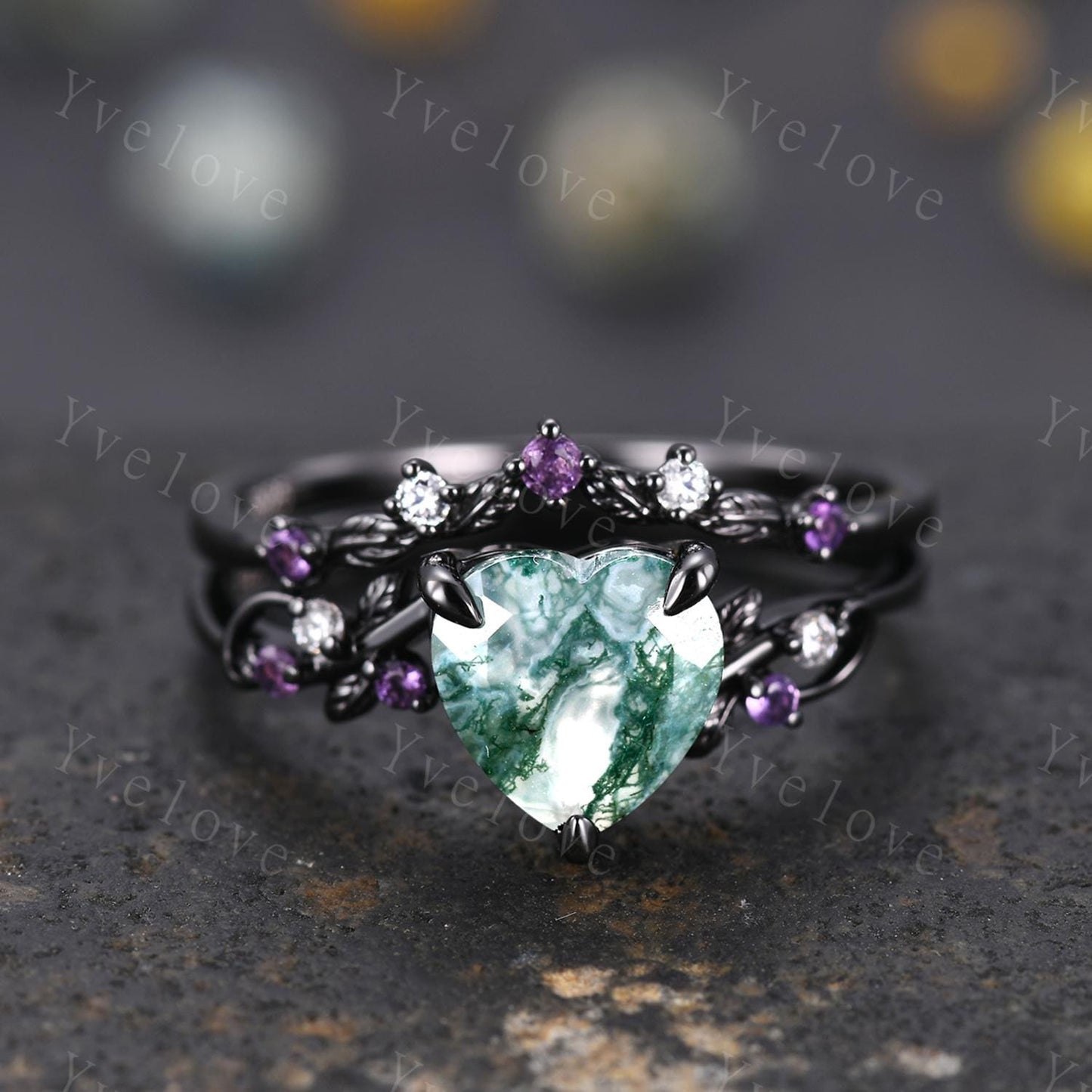 Heart Cut Moss Agate Ring,Gothic Twig Vine Leaf Branch Ring,Vintage Amethyst Moissanite Bridal Ring Anniversary Gift,Black Gold Wedding Band