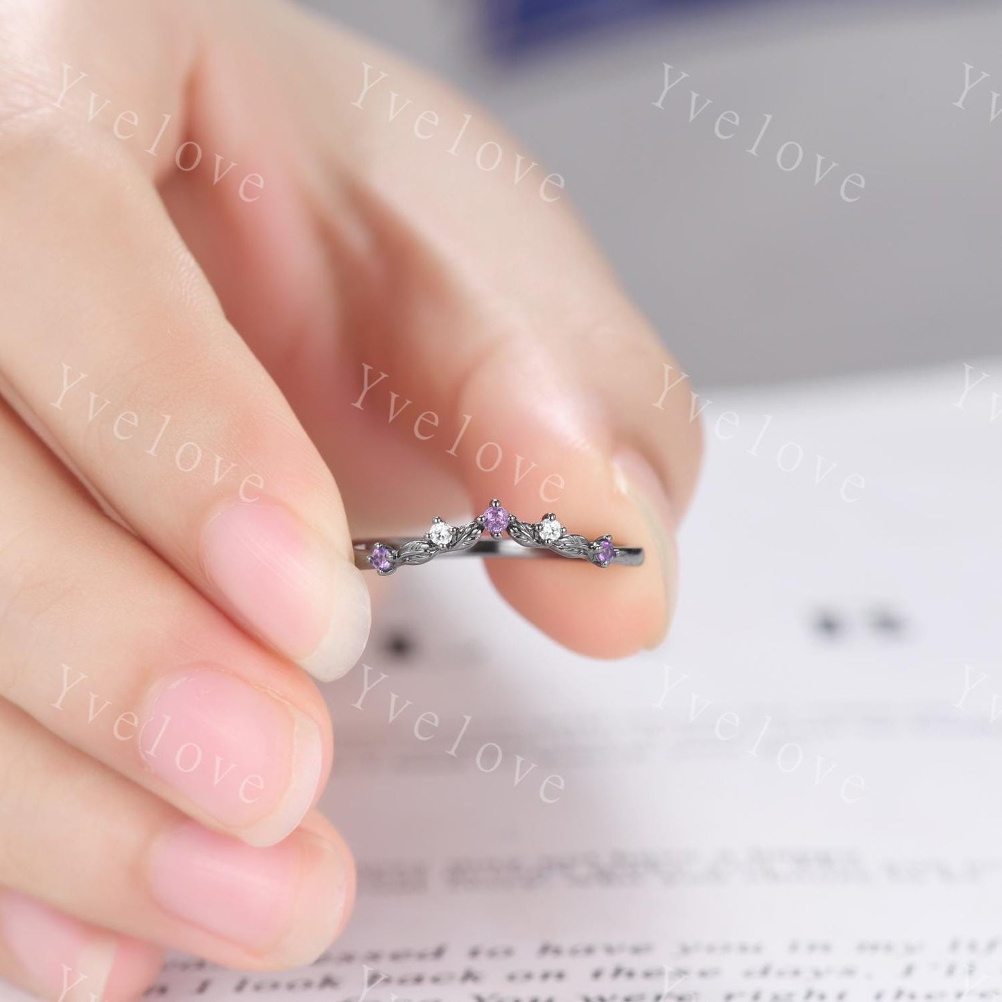 Unique Moissanite Amethyst Wedding Ring Stacking Matching Band Silver Black Gold Marquise Ring Promise Jewelry Anniversary Gift For Women