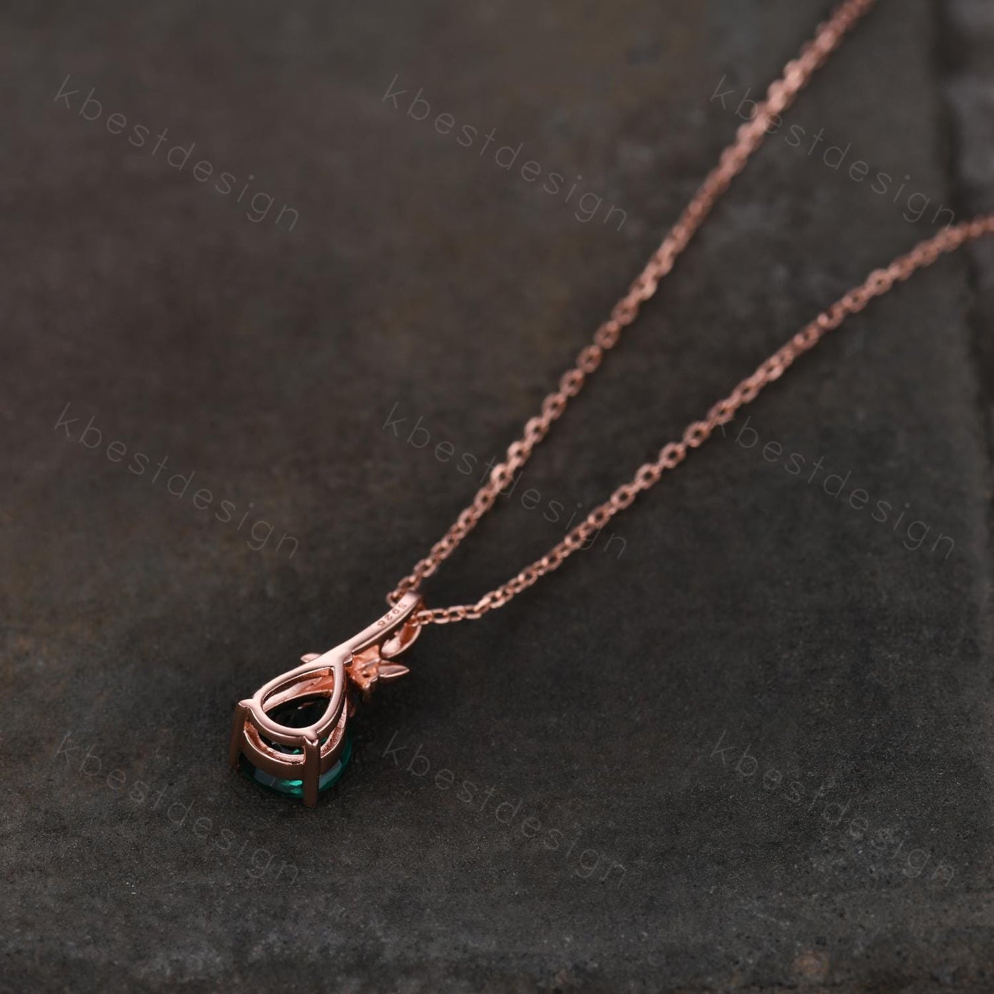 Nature inspired emerald necklace vintage women rose gold necklace unique leaf emerald pendant art deco pear cut pendant bridal promise gift