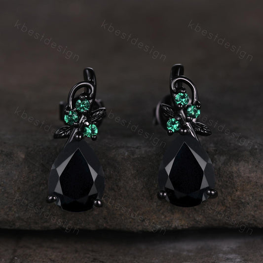 Nature inspired black onyx earrings women black gold earring studs teardrop earrings art deco black onyx studs anniversary gift for her