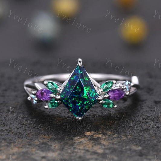 Vintage Kite Black Opal Engagement Ring,White Gold,Vines Amethyst Emerald Ring,Women Bridal Set,Unique Twig Anniversary Promise Ring Gift