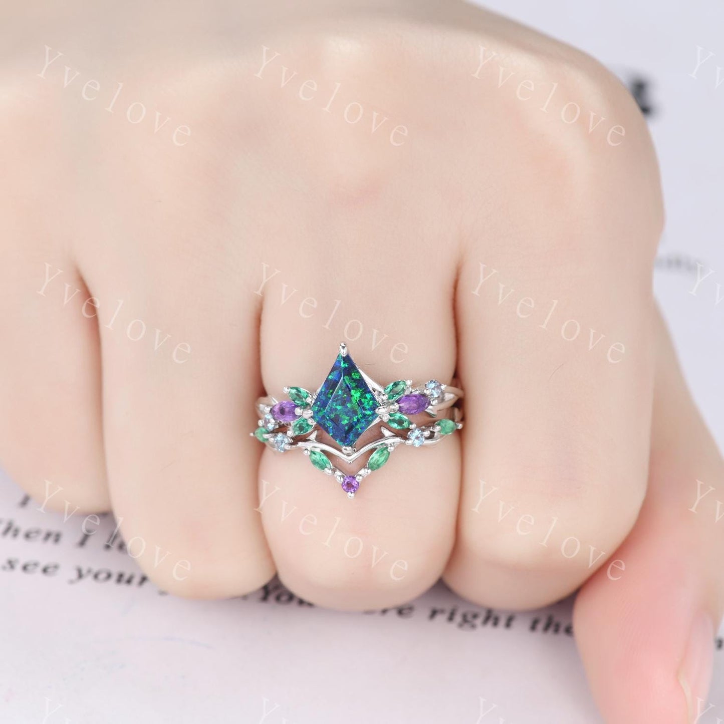Vintage Kite Black Opal Engagement Ring,White Gold,Vines Amethyst Emerald Ring,Women Bridal Set,Unique Twig Anniversary Promise Ring Gift