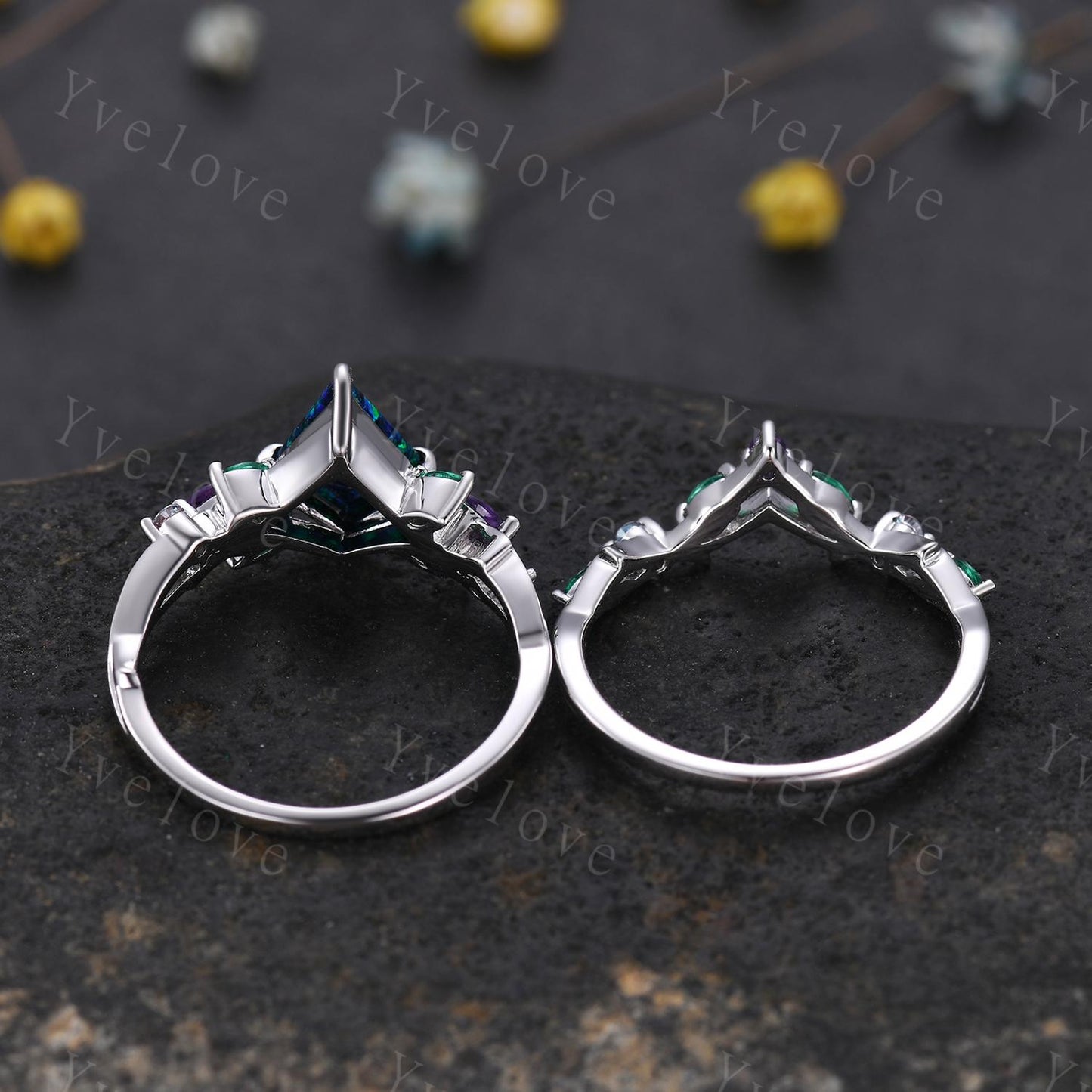 Vintage Kite Black Opal Engagement Ring Set,Silver,Vines Amethyst Emerald Ring,Women Bridal Set,Unique Twig Anniversary Promise Ring Gift