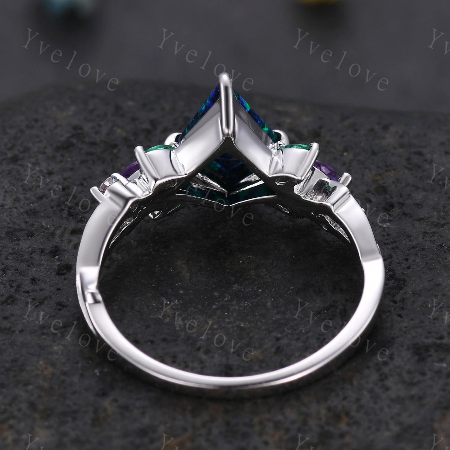 Vintage Kite Black Opal Engagement Ring,White Gold,Vines Amethyst Emerald Ring,Women Bridal Set,Unique Twig Anniversary Promise Ring Gift