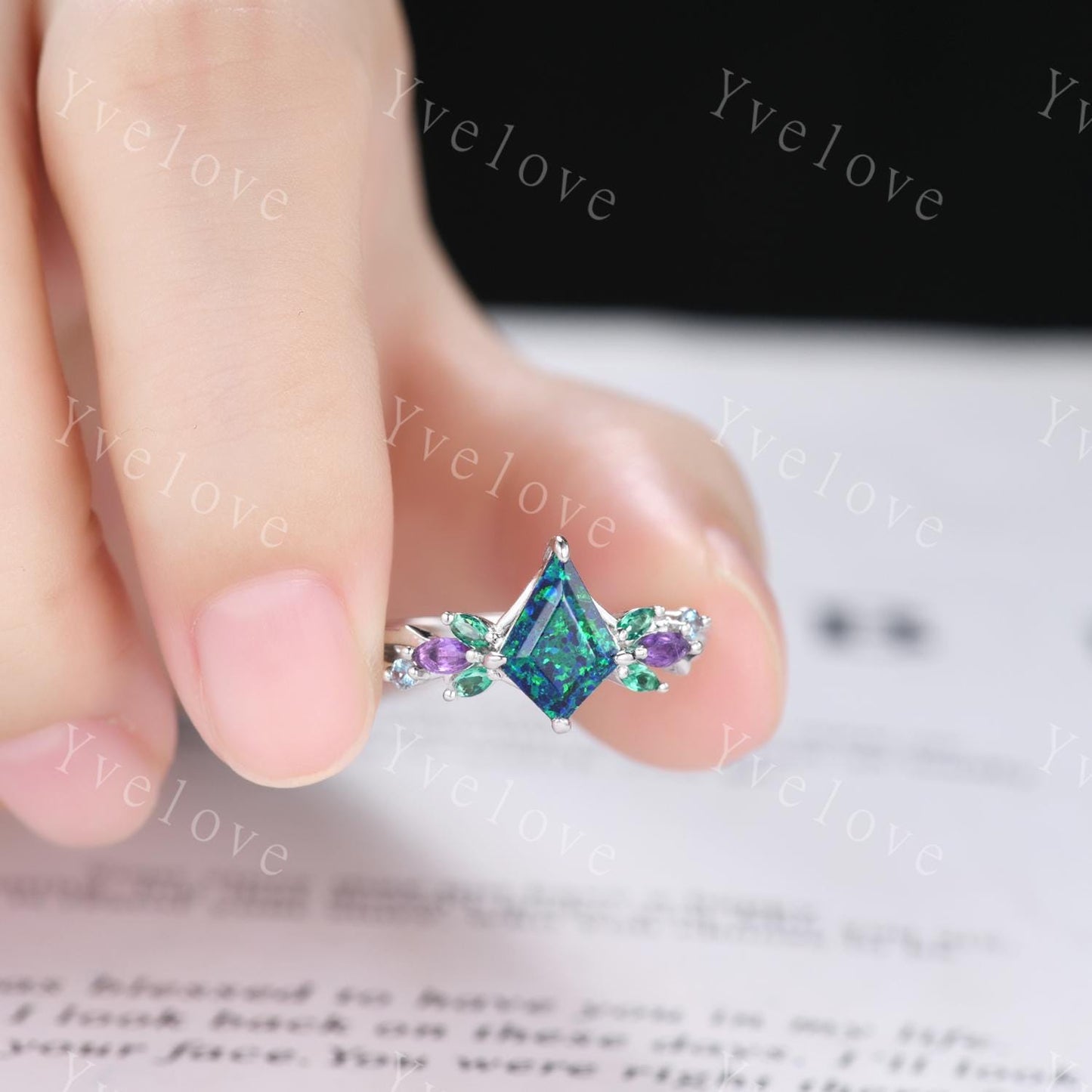 Vintage Kite Black Opal Engagement Ring,White Gold,Vines Amethyst Emerald Ring,Women Bridal Set,Unique Twig Anniversary Promise Ring Gift