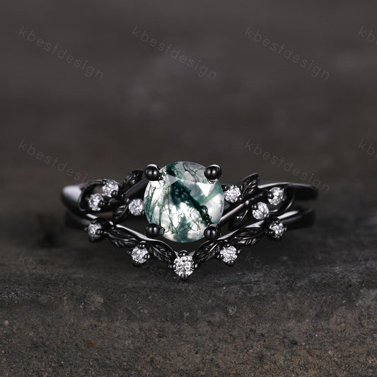 Vintage round moss agate engagement ring set black gold twig leaf moissanite ring nature branch ring unique art deco bridal wedding ring set