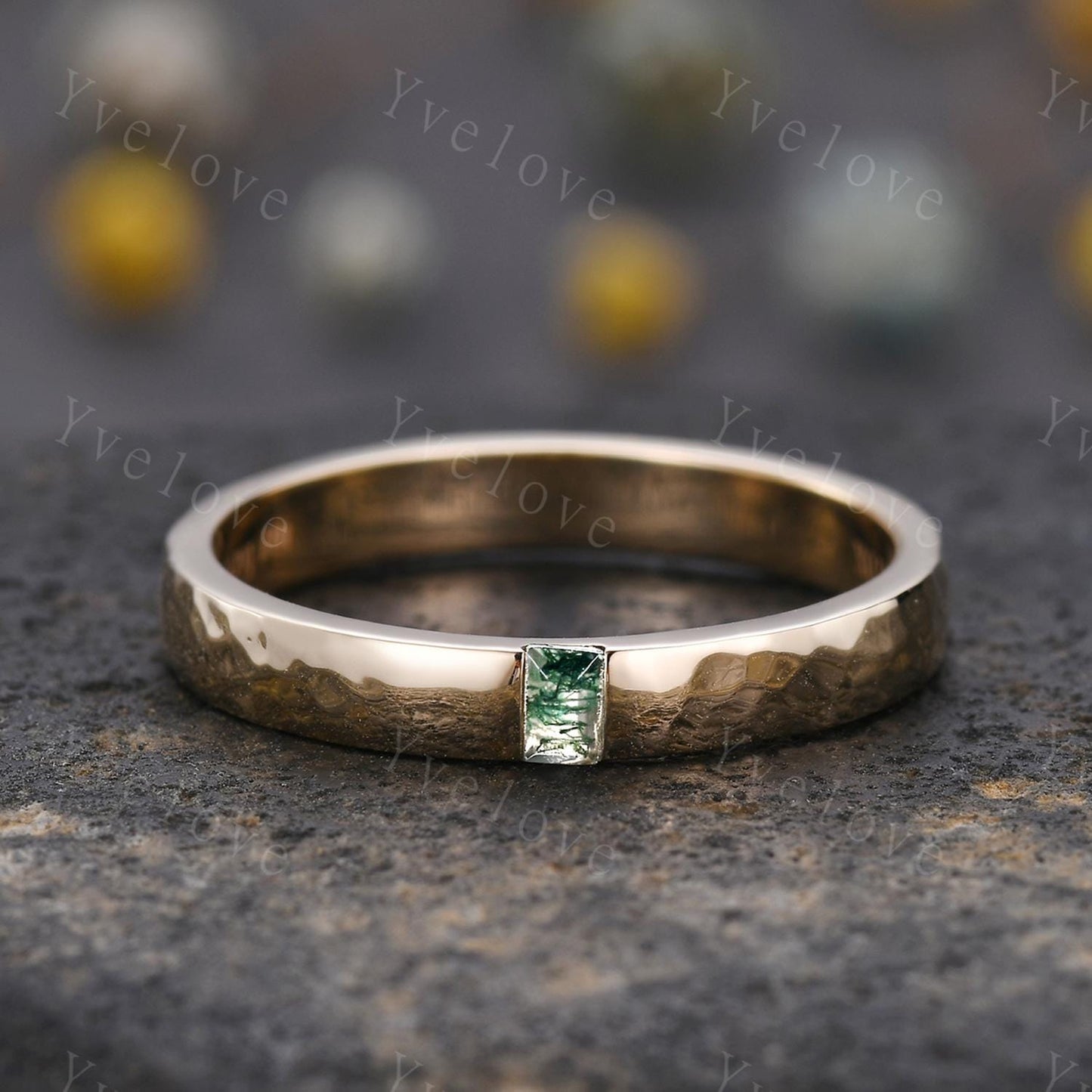 3mm Mens Moss agate Wedding Band Baguette Cut Natural Agate Band 14k Gold Ring Men Hammered Stacking Matching Band Retro Vintage Ring Gift