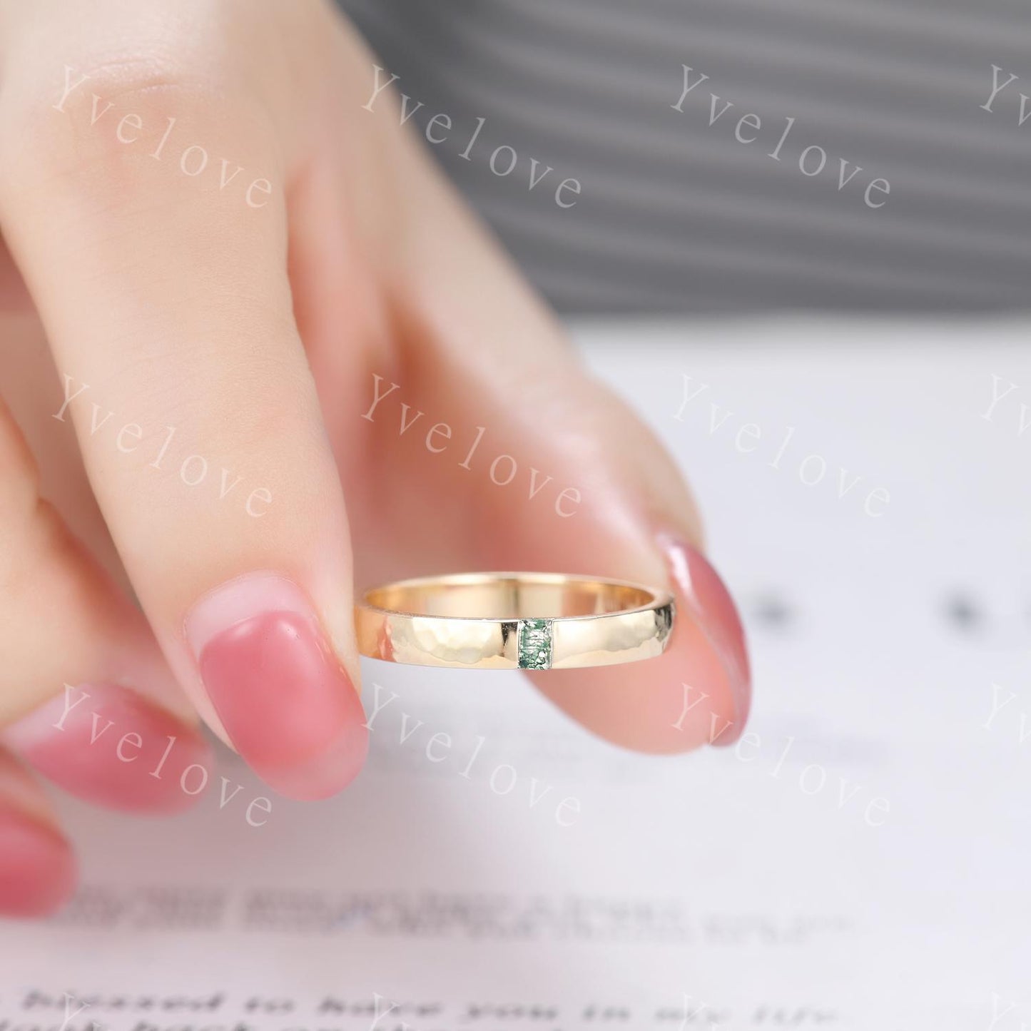 3mm Mens Moss agate Wedding Band Baguette Cut Natural Agate Band 14k Gold Ring Men Hammered Stacking Matching Band Retro Vintage Ring Gift