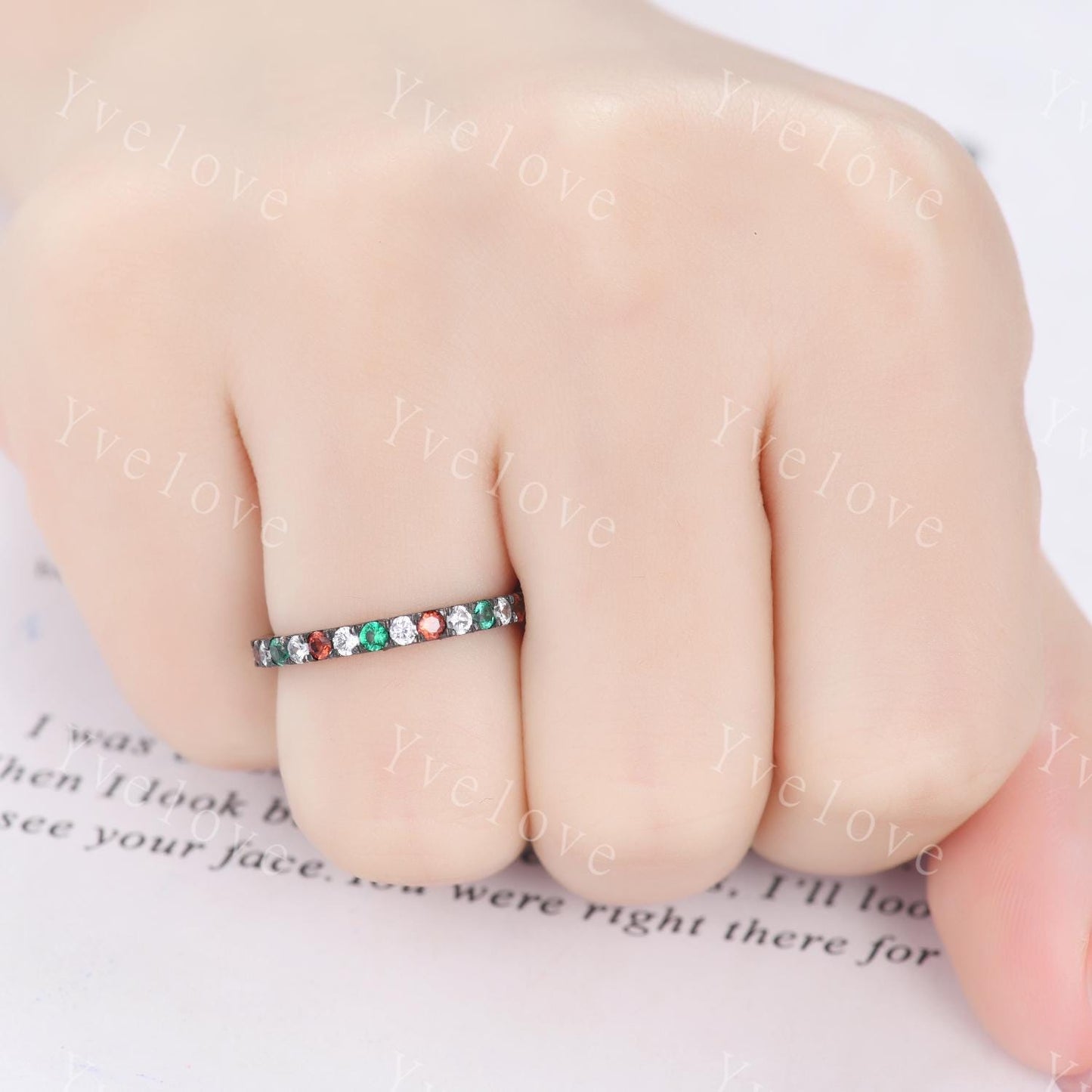 Emerald Garnet Diamond wedding band half eternity art deco emerald ring black gold ring promise bridal matching band family birthstone gift