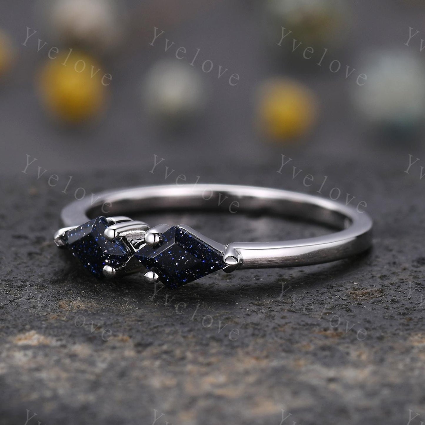 Art Deco Kite Blue Sandstone Engagement Ring,Vintage Galaxy Sandstone Wedding Band,Two Stone Ring Women Bridal Promise Ring,Sterling Silver