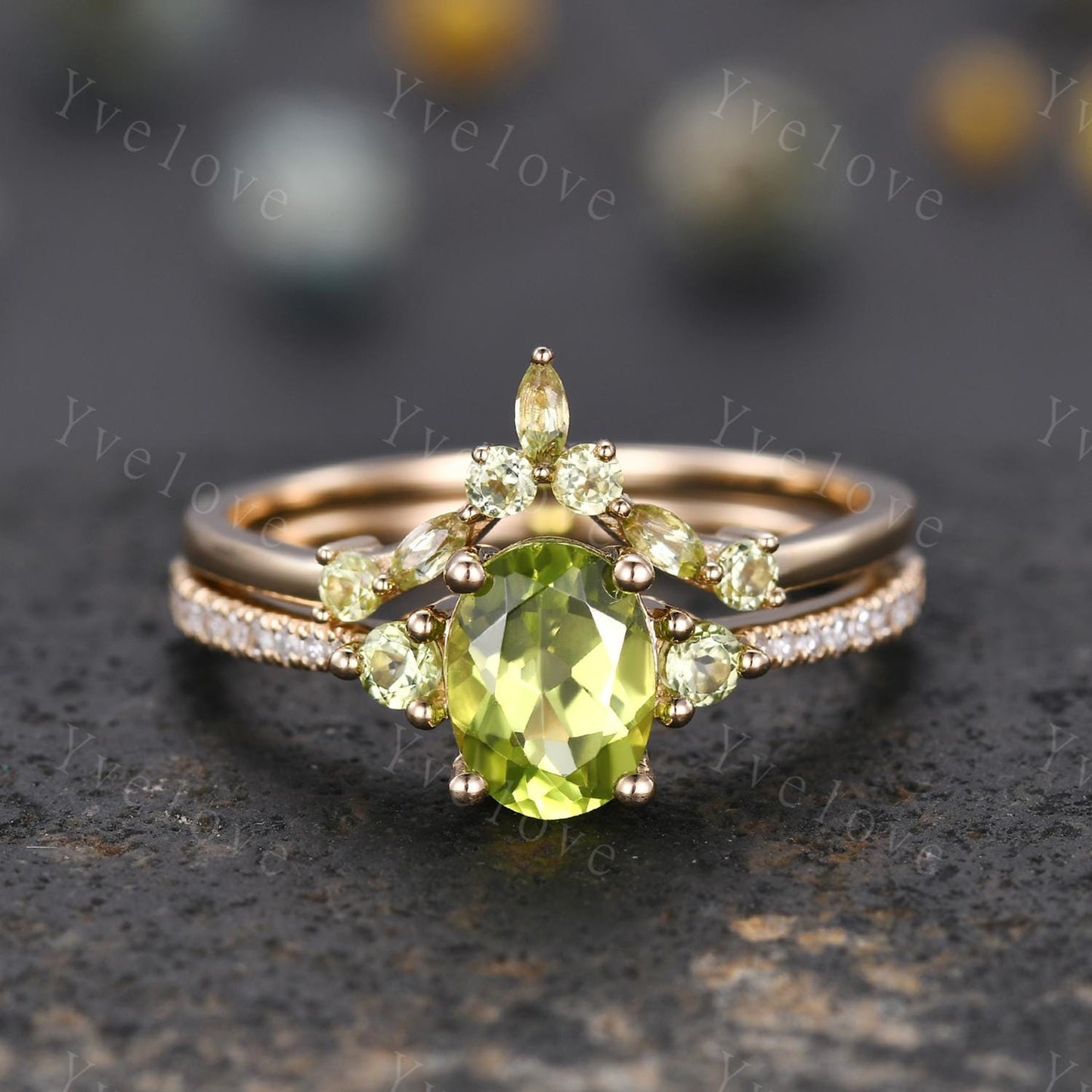 Oval Cut Peridot Engagement Ring Set,Peridot Wedding Ring Set,August Birthstone,Diamond Stacking Wedding Band for Women Anniversary Gift