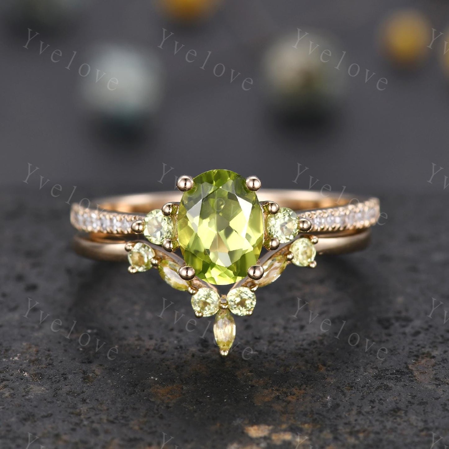 Oval Cut Peridot Engagement Ring Set,Peridot Wedding Ring Set,August Birthstone,Diamond Stacking Wedding Band for Women Anniversary Gift