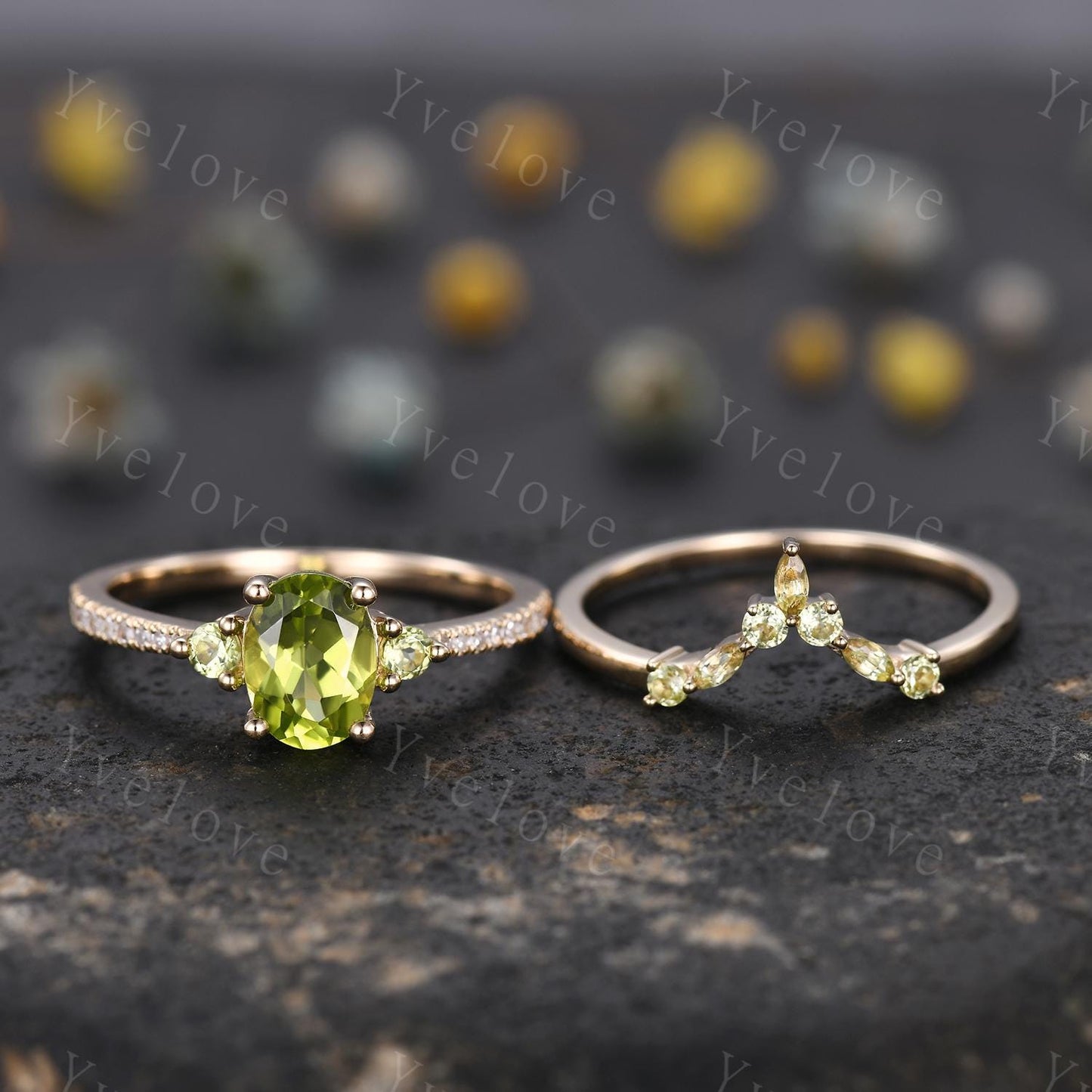 Oval Cut Peridot Engagement Ring Set,Peridot Wedding Ring Set,August Birthstone,Diamond Stacking Wedding Band for Women Anniversary Gift