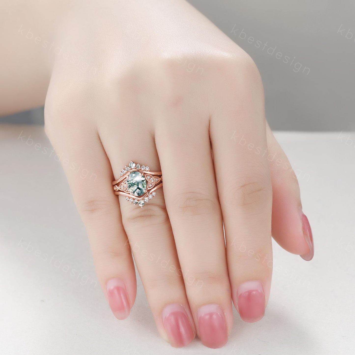 Vintage moss agate engagement ring set rose gold double curved stacking wedding band unique celtic knot green agate ring oval cut bridal set