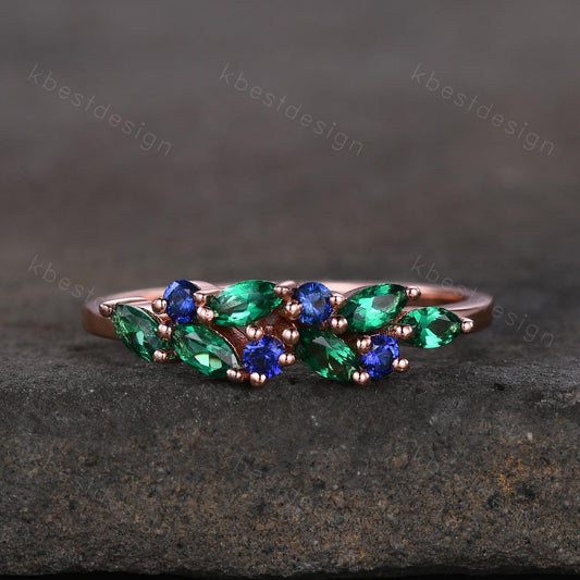 Emerald sapphire cluster wedding band Unique marquise cut emerald wedding band Vintage Moissanite ring Rose gold ring Anniversary gift