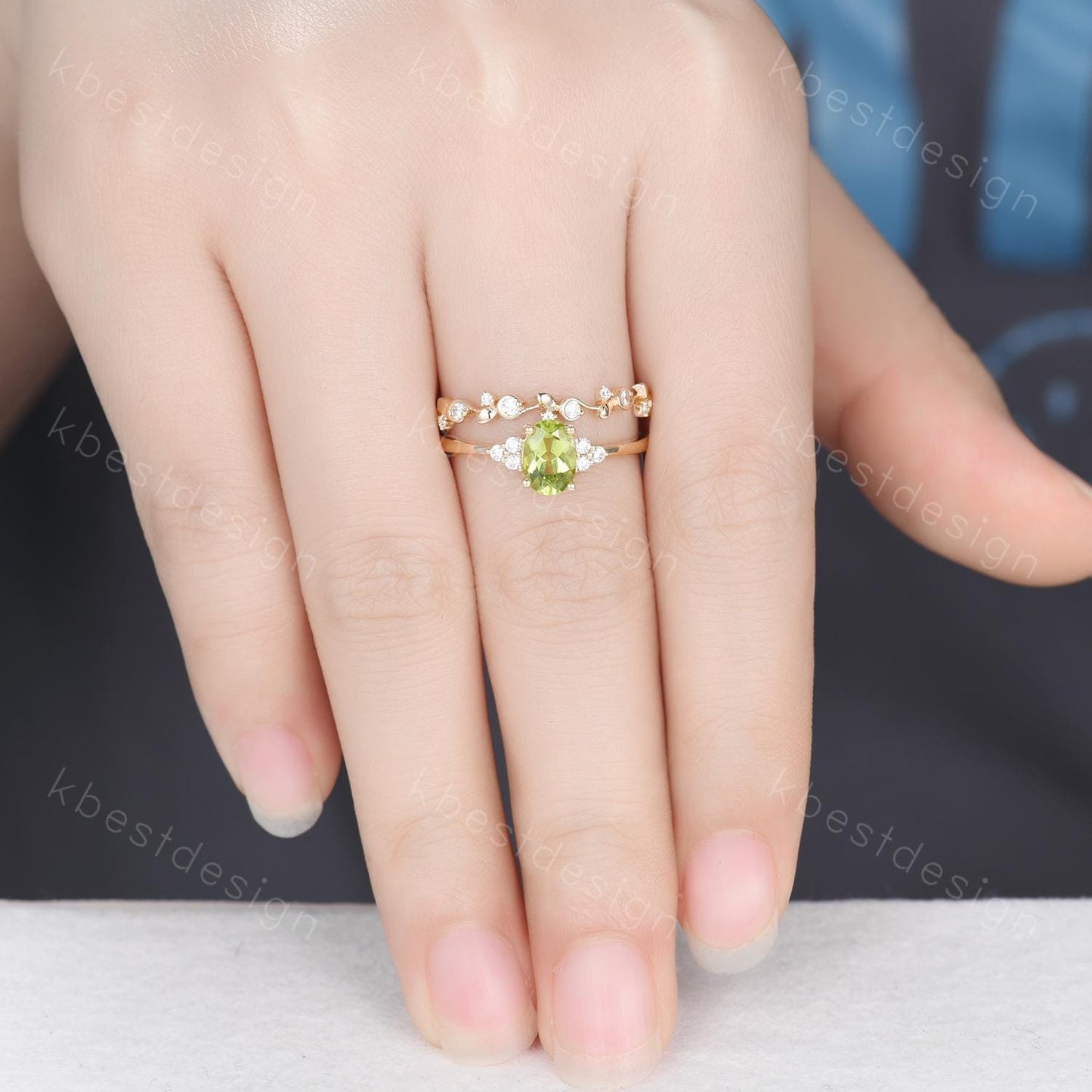 Vintage Peridot Engagement Ring Set Oval Green Peridot Ring 14K Gold Art Deco Moissanite Stacking Band August Birthstone Ring Promise Ring