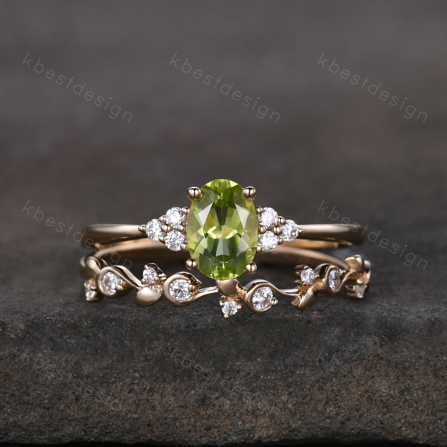 Vintage Peridot Engagement Ring Set Oval Green Peridot Ring 14K Gold Art Deco Moissanite Stacking Band August Birthstone Ring Promise Ring